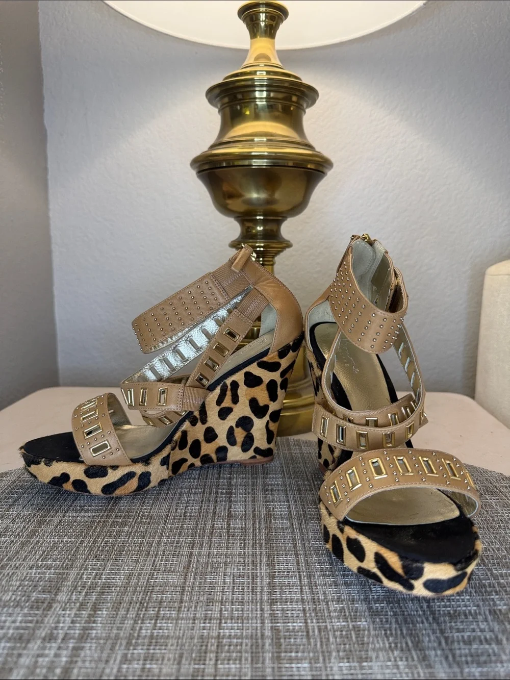 Leopard Print Tan Wedge Sandals with Studded Straps